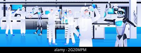 robot con scienziati in tuta protettiva che fanno esperimenti in laboratorio genetico ingegneria concetto di intelligenza artificiale Illustrazione Vettoriale