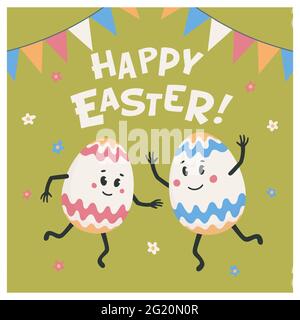Buon biglietto d'auguri pasquale. Uova colorate con facce carine che ballano su un prato verde. Pasqua uova amici con volti divertenti. Caccia all'uovo. Vettore di stile piatto il Illustrazione Vettoriale