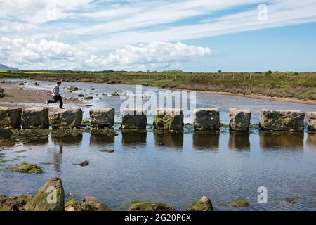 Le pietre rhuddgaer o Giant's Stepping attraversano il fiume Braint vicino a Newborough sull'Isola di Anglesey, Galles. Sono grandi blocchi di pietra calcarea. Foto Stock