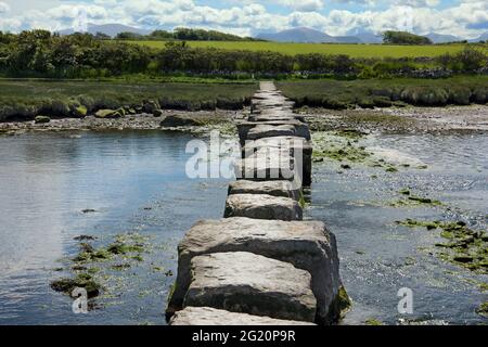 Le pietre rhuddgaer o Giant's Stepping attraversano il fiume Braint vicino a Newborough sull'Isola di Anglesey, Galles. Sono grandi blocchi di pietra calcarea. Foto Stock