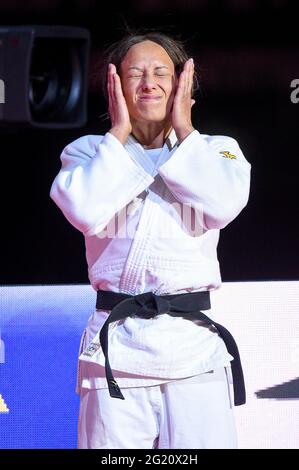 BUDAPEST, UNGHERIA - 7 GIUGNO: Joana Ramos del Portogallo durante i Campionati Mondiali di Judo Ungheria 2021 alla Papp Laszlo Budapest Sports Arena il 7 giugno 2021 a Budapest, Ungheria (Foto di Yannick Verhoeven/Orange Pictures) Foto Stock