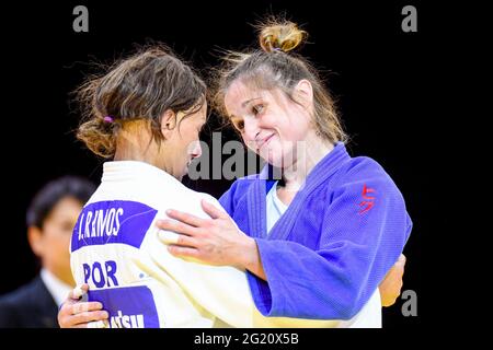 BUDAPEST, UNGHERIA - 7 GIUGNO: Joana Ramos del Portogallo, Fabienne Koch della Svizzera durante i Campionati Mondiali di Judo Ungheria 2021 alla Papp Laszlo Budapest Sports Arena il 7 giugno 2021 a Budapest, Ungheria (Foto di Yannick Verhoeven/Orange Pictures) Foto Stock