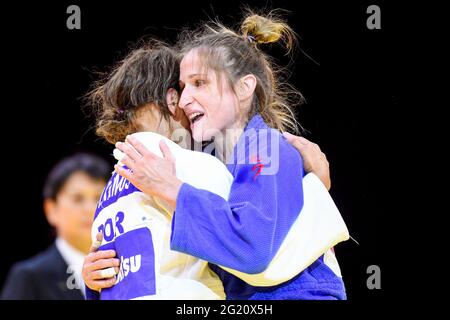 BUDAPEST, UNGHERIA - 7 GIUGNO: Joana Ramos del Portogallo, Fabienne Koch della Svizzera durante i Campionati Mondiali di Judo Ungheria 2021 alla Papp Laszlo Budapest Sports Arena il 7 giugno 2021 a Budapest, Ungheria (Foto di Yannick Verhoeven/Orange Pictures) Foto Stock