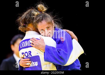 BUDAPEST, UNGHERIA - 7 GIUGNO: Joana Ramos del Portogallo, Fabienne Koch della Svizzera durante i Campionati Mondiali di Judo Ungheria 2021 alla Papp Laszlo Budapest Sports Arena il 7 giugno 2021 a Budapest, Ungheria (Foto di Yannick Verhoeven/Orange Pictures) Foto Stock