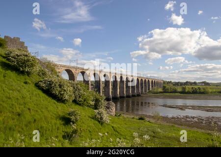 Il Royal Border Bridge che attraversa il fiume Tweed a Berwick, Northumberland, Regno Unito Foto Stock