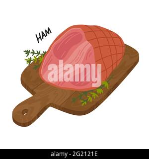 Prosciutto. Delicatessen di carne su un tagliere di legno. Un grosso pezzo di prosciutto di maiale affumicato. Semplice illustrazione vettoriale piatta Illustrazione Vettoriale