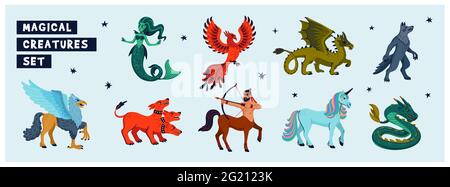 Set di creature magiche. Animali mitologici. Immagine vettoriale in stile piatto isolata su sfondo bianco. Pagina orizzontale Illustrazione Vettoriale