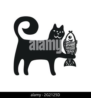 Gatto nero. Silhouette di gatto nero che tiene grandi pesci su sfondo bianco. Illustrazione vettoriale in stile cartoon Illustrazione Vettoriale