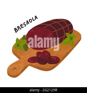 Bresaola. Delicatessen di carne su un tagliere di legno. Fette di manzo salato essiccato all'aria. Semplice illustrazione vettoriale piatta Illustrazione Vettoriale