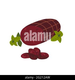 Bresaola. Delicatessen di carne su sfondo bianco. Fette di manzo salato essiccato all'aria. Semplice illustrazione vettoriale piatta Illustrazione Vettoriale