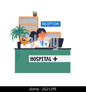 Accoglienza ospedaliera. Reception presso la clinica - donna addetta alla reception seduto all'ufficio di registrazione. Tema sanitario e medico. Vettore di stile piatto ill Illustrazione Vettoriale