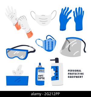 PPE - dispositivi di protezione individuale. Prodotti e forniture utilizzati per proteggere la sicurezza e la salute del personale medico in condizioni di pandemia di coronavirus. F Illustrazione Vettoriale