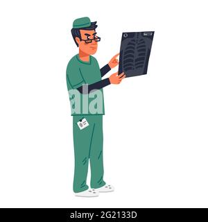 Radiologo. Medico di radiologia che esamina i risultati della scansione a raggi X del polmone del paziente. Team medico in condizioni di pandemia coronavirus. Vettore di stile piatto ill Illustrazione Vettoriale