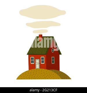 Casa rossa. Casa in legno di granaio in stile rustico su isola verde. Illustrazione vettoriale in stile cartoon piatto su sfondo bianco Illustrazione Vettoriale