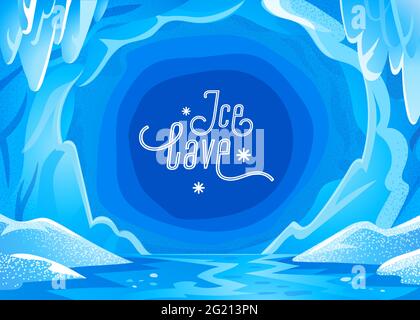 Paesaggio grotta di ghiaccio. Sfondo invernale blu innevato - paesaggio panoramico con caverna ghiacciata ghiacciata. Illustrazione vettoriale in stile cartoon piano Illustrazione Vettoriale