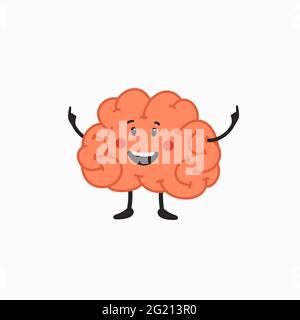 Felice personaggio cervello. Cervello umano con l'icona del viso carino su sfondo bianco. Illustrazione vettoriale in stile cartoon piatto su sfondo bianco Illustrazione Vettoriale