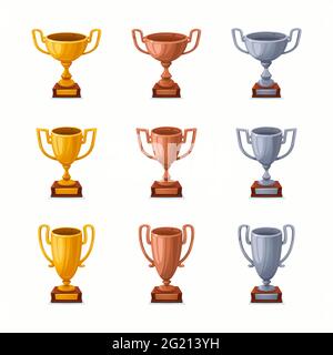 Coppe trofei in oro, argento e bronzo. Coppe premio Trofeo di diverse forme - trofei vincitori al 1°, 2° e 3° posto. Illust vettore stile cartone animato Illustrazione Vettoriale