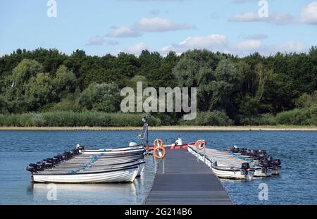 HANNINGFIELD, REGNO UNITO - 03 agosto 2020: Due file di barche a motore collegate ad un molo sul bacino idrico Hanningfield in Essex con un'area boscosa sul retro Foto Stock