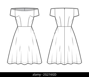 Set di abiti off-shoulder Bardot illustrazione tecnica moda con maniche corte, corpo montato, gonna semicircolare lunghezza ginocchio. Abbigliamento piatto, anteriore, posteriore, colore bianco. Donne, uomini CAD mockup Illustrazione Vettoriale