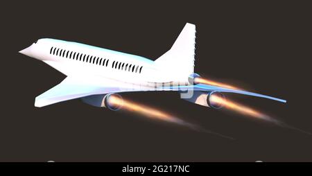 Volo supersonico, l'aereo per viaggiare più veloce che mai. A differenza di altri voli commerciali, ha una velocità doppia. rendering 3d Foto Stock