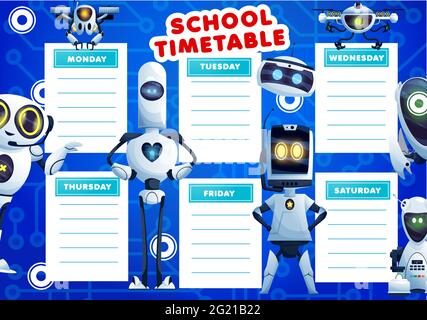 Programma orario bambini con robot cartoni animati. Lezioni scolastiche vettoriali progettazione settimanale pianificatore con cyborg di intelligenza artificiale, umanoidi e androidi. Illustrazione Vettoriale