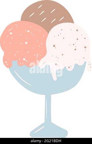 Illustrazione di tre gelaterie di colore marrone, rosa e bianco con spruzzette sulla parte superiore in una ciotola isolata su sfondo bianco. Cioccolato, fragola e vaniglia sapori pastello. Illustrazione Vettoriale