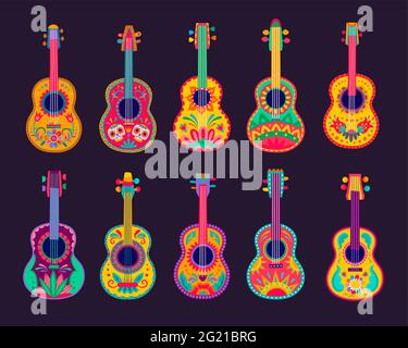 Chitarre messicane cartoon, strumenti di musica latina vettoriale di musicisti mariachi con motivi floreali luminosi, teschi di Calavera e ornamenti etnici del Messico Illustrazione Vettoriale