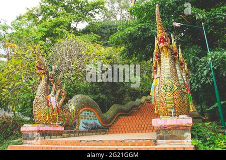 Il Naga lungo famoso in tutto il mondo scala 306 gradini in Wat Phra che Doi Suthep tempe, provincia di Chiang mai, Thailandia. Foto Stock