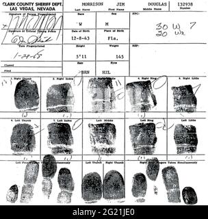 1968, 29 gennaio, Clark County , Las Vegas , USA : le impronte delle dita del celebre cantante e compositore Rockstar JIM MORRISON ( 1943 - 1971 ) delle PORTE ( fondato nel 1965 ), quando fu arrestato dal Dipartimento di polizia nella mug-shot ufficiale . Jim era stato accusato di essere stato arrestato al di fuori del Pussycat-A-Go-Go a Las Vegas per essere stato ubriaco in pubblico mentre visitava la città con l'autore Robert Gover , anch'egli arrestato . Fotografo sconosciuto , documento originale da Clark County , Las Vegas , Nevada . - STORIA - FOTO STORICHE - MUSICA - MUSICA - CANTANTE - COMPOSITORE - ROCK STAR - ARRESTA Foto Stock