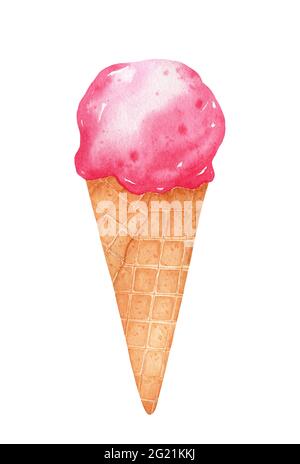 Gelato alla fragola in un cono di cialda isolato su sfondo bianco. Illustrazione disegnata a mano con acquerello. Perfetto per biglietti, menu, stampe, decorazioni, Foto Stock