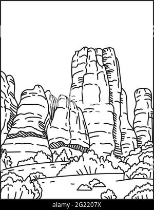 Illustrazione monolinea degli aghi nell'angolo sud-est del Canyonlands National Park nello Utah, Stati Uniti d'America fatto in nero retrò e w Illustrazione Vettoriale