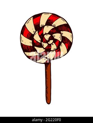 Lollipop rotondo colorato disegnato a mano isolato su bianco. Illustrazione vettoriale nello stile di schizzo Illustrazione Vettoriale