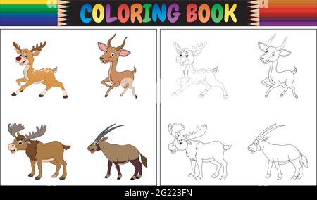 Libro da colorare con collezione di animali cornuti Illustrazione Vettoriale
