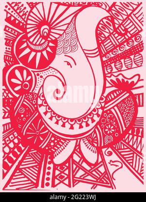 Disegno o schizzo di Lord Ganesha con dettagli rosa intorno al suo volto Foto Stock