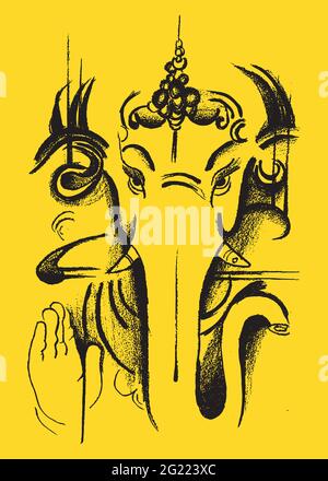 Disegno o schizzo di Lord Ganesha isolato su uno sfondo giallo profondo Foto Stock