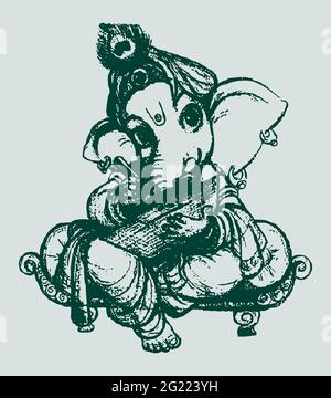 Disegno o schizzo verde di Lord Ganesha isolato su uno sfondo bianco Foto Stock