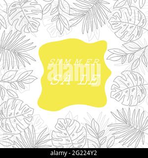 Banner di vendita estiva con foglie tropicali. Banner estivo. Vettore. Illustrazione Vettoriale