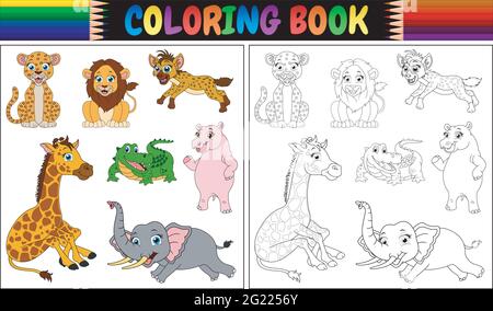 Libro da colorare con cartoni animati animali selvatici Illustrazione Vettoriale
