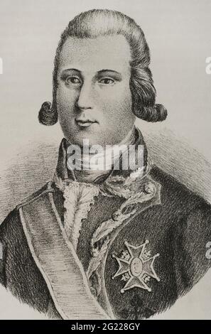 Luis Fermín de Carvajal Vargas y Brun (1752-1794). 1° Conte di la Unión. Militare spagnola. Nato a Lima (Perù), Re Carlo III gli concesse il titolo nobiliare nel 1768. Verticale. Incisione. Historia del Levantamiento, guerra y Revolución de España della Conde de Toreno. Madrid, 1851. Foto Stock