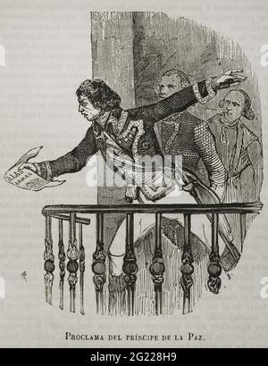 Manuel Godoy (1767-1851). Politico spagnolo, favorito e primo ministro di Carlo IV. La serie di azioni perpetrate dalla flotta britannica contro le navi spagnole raggiunse il suo culmine il 5 ottobre 1804, con l'insufflazione di una fregata spagnola e l'apprensione di tre navi che trasportavano ricchezza dal viceré del Perù, in una battaglia che si svolse al largo di Capo Santa María. In questo contesto, Godoy ha letto un manifesto a tutti gli spagnoli, invocando armi contro gli inglesi. Manifesto del Principe della Pace, dicembre 1804. Incisione. Historia del Levantamiento, guerra y Revolución de España dal Foto Stock