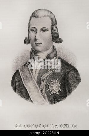 Luis Fermín de Carvajal Vargas y Brun (1752-1794). 1° Conte di la Unión. Militare spagnola. Nato a Lima (Perù), Re Carlo III gli concesse il titolo nobiliare nel 1768. Verticale. Incisione. Historia del Levantamiento, guerra y Revolución de España della Conde de Toreno. Madrid, 1851. Foto Stock