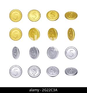 Set di monete d'oro e d'argento con simbolo del dollaro. Rotazione denaro metallico. Illustrazione vettoriale Illustrazione Vettoriale