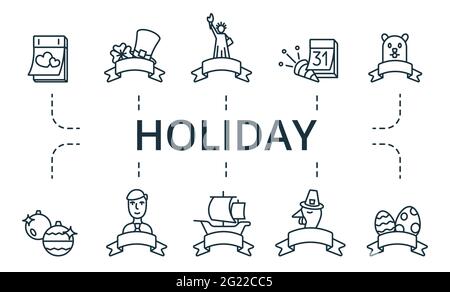 Set di icone per le festività. Contiene icone modificabili tema come il compleanno di lincoln, il giorno di san patrizio, ramadan e molto altro ancora. Illustrazione Vettoriale