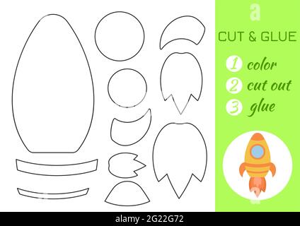 Colore, taglio e colla carta giallo razzo. Taglia e incolla la pagina di attività di artigianato. Gioco educativo per bambini in età prescolare. Foglio di lavoro fai da te. Gioco di logica per bambini, A. Illustrazione Vettoriale