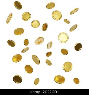 Monete d'oro realistiche su sfondo bianco. Denaro in caduta o in volo. Jackpot o elemento di vittoria del poker del casinò. Concetto di tesoro in contanti. Illustrazione vettoriale Illustrazione Vettoriale