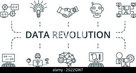 Set di icone Data Revolution. Contiene icone modificabili come il computing, la digitalizzazione, la sicurezza informatica e altro ancora. Illustrazione Vettoriale