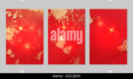 Set di motivi in marmo. Texture geode rosso chiaro e oro con glitter. Background vettoriale astratto nella tecnica dell'inchiostro alcolico. Vernice moderna con lucentezza Illustrazione Vettoriale