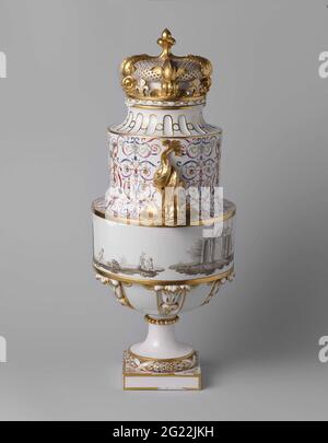 Vaso con lidded. La fabbrica di porcellane Leperre-Durot fu fondata nel 1784 e subito dopo fu posta sotto il patrocinio del tre anni dauphin, il figlio maggiore del re francese Luigi XVI. Il coperchio di questo imponente pezzo è montato sulla corona del delfino, e le maniglie sono a forma di delfini (dauphin è francese per ‘ddelfino’). Lo stemma e il monogramma del principe ereditario sono incorporati nella decorazione. Foto Stock