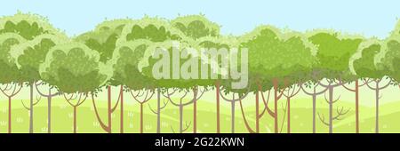 Sottili alberi giovani. Foresta o giardino. Sullo sfondo di verdi colline rurali erbose. Un bellissimo e grazioso paesaggio estivo. Stile piatto. Cartone animato Illustrazione Vettoriale