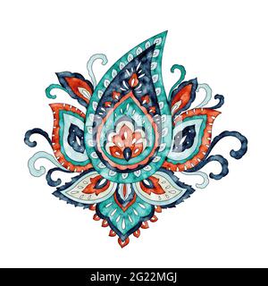 Elemento di disegno floreale paisley acquerello, motivo mandala paisley Foto Stock